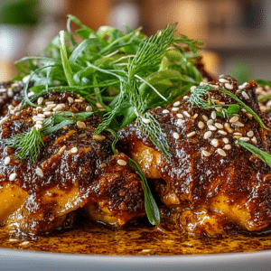 Chicken Mole (Chicken Thighs braised in a silky Sauce made from Tahini, layered with warm Spice, smoky Chile, and Cocoa)