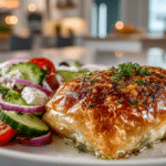 Creamy Oregano Chicken Breasts wrapped in Parmesan Crusted Phyllo, served with Greek Vegetable Salad with marinated Feta Cheese