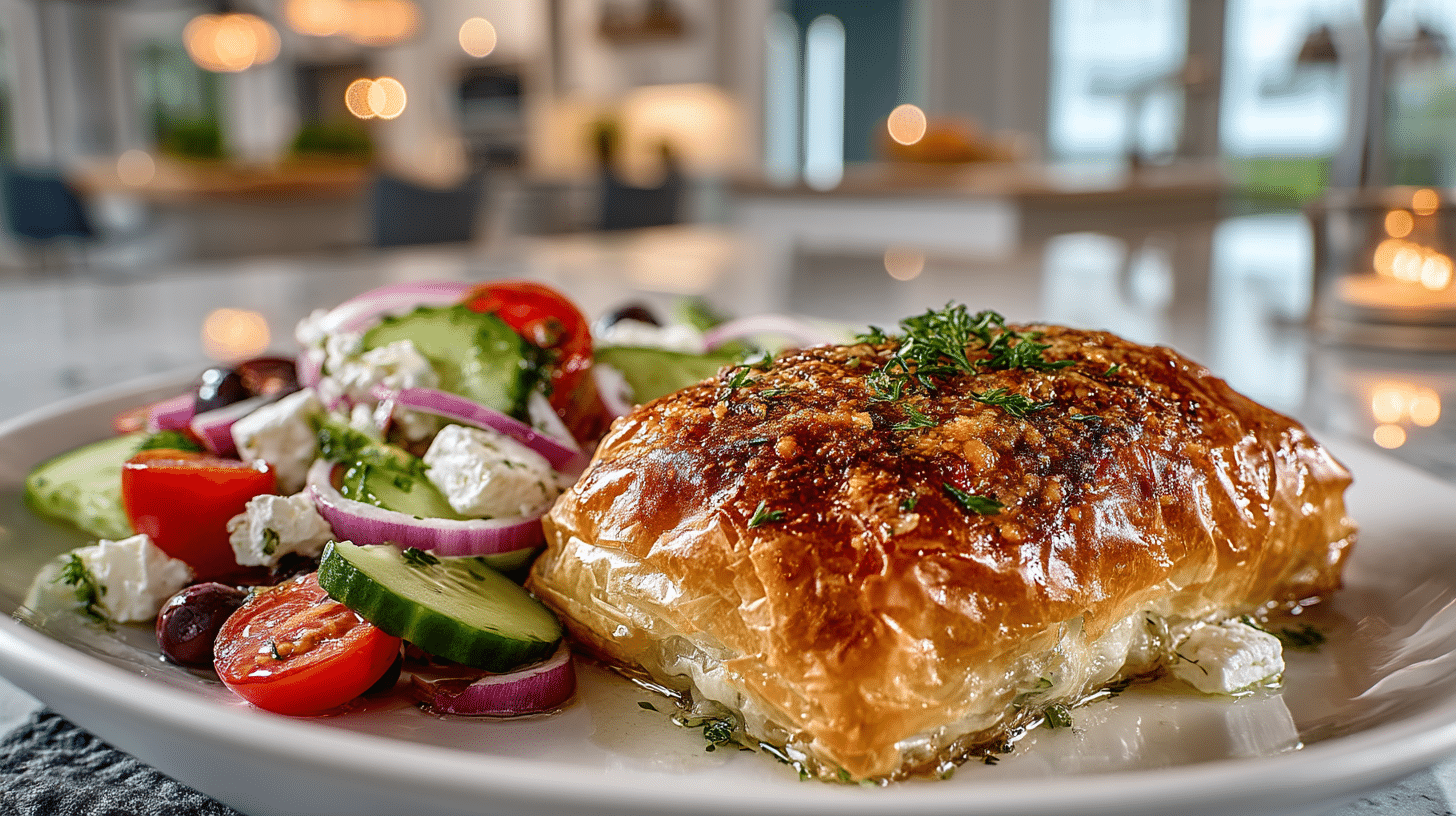 Creamy Oregano Chicken Breasts wrapped in Parmesan Crusted Phyllo, served with Greek Vegetable Salad with marinated Feta Cheese