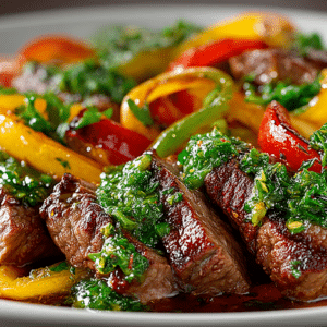 Chimichurri Steak Fajitas with Drunken Peppers