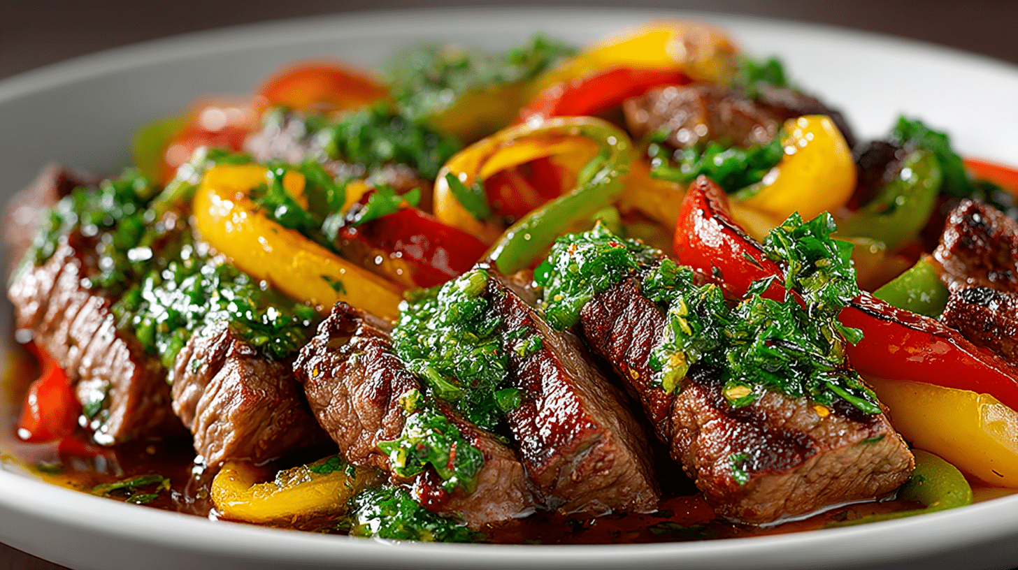 Chimichurri Steak Fajitas with Drunken Peppers