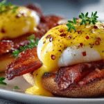 Eggs Benedict with Chili Hollandaise Sauce & crispy Bacon