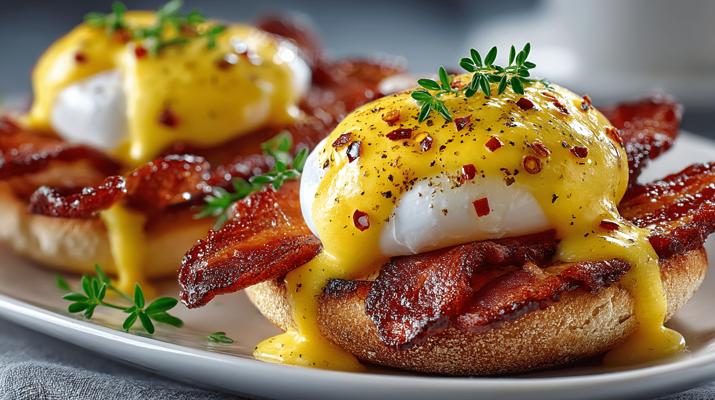 Eggs Benedict with Chili Hollandaise Sauce & crispy Bacon