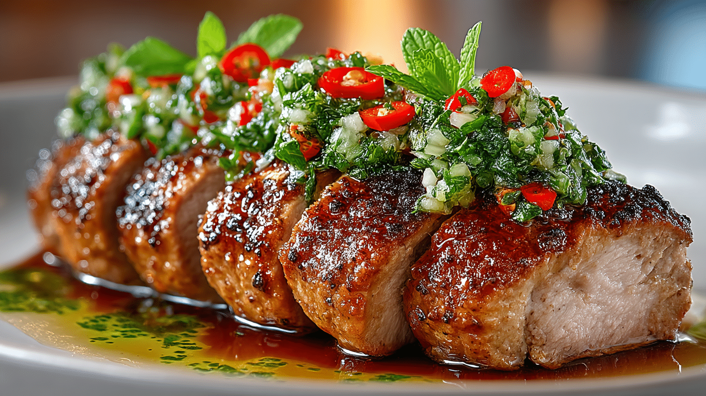 Flame Roasted Five-Spice Pork Tenderloin with Mint Salsa