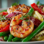 French-style Shrimp Salad (Sautéed Shrimp with Green Beans, Red Bell Pepper, Artichoke Hearts, & Olives in a Lemon-Tarragon Vinaigrette)