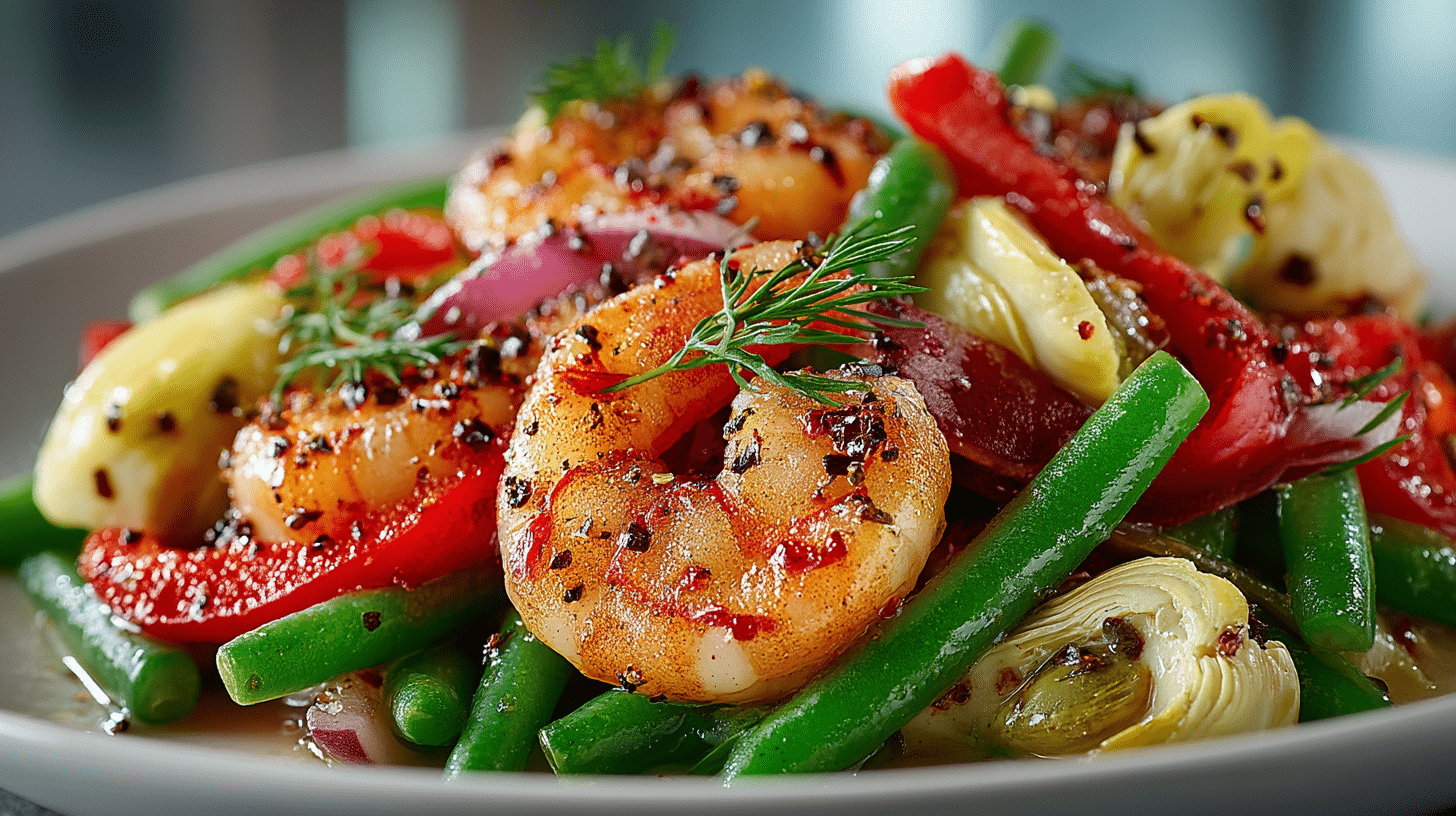 French-style Shrimp Salad (Sautéed Shrimp with Green Beans, Red Bell Pepper, Artichoke Hearts, & Olives in a Lemon-Tarragon Vinaigrette)