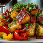 German-style Potatoes with Bacon, Brown Sugar, & Parsley, and grill cooked Tri-Color Peppers with Caper Vinaigrette, served with Cabernet Sauvignon