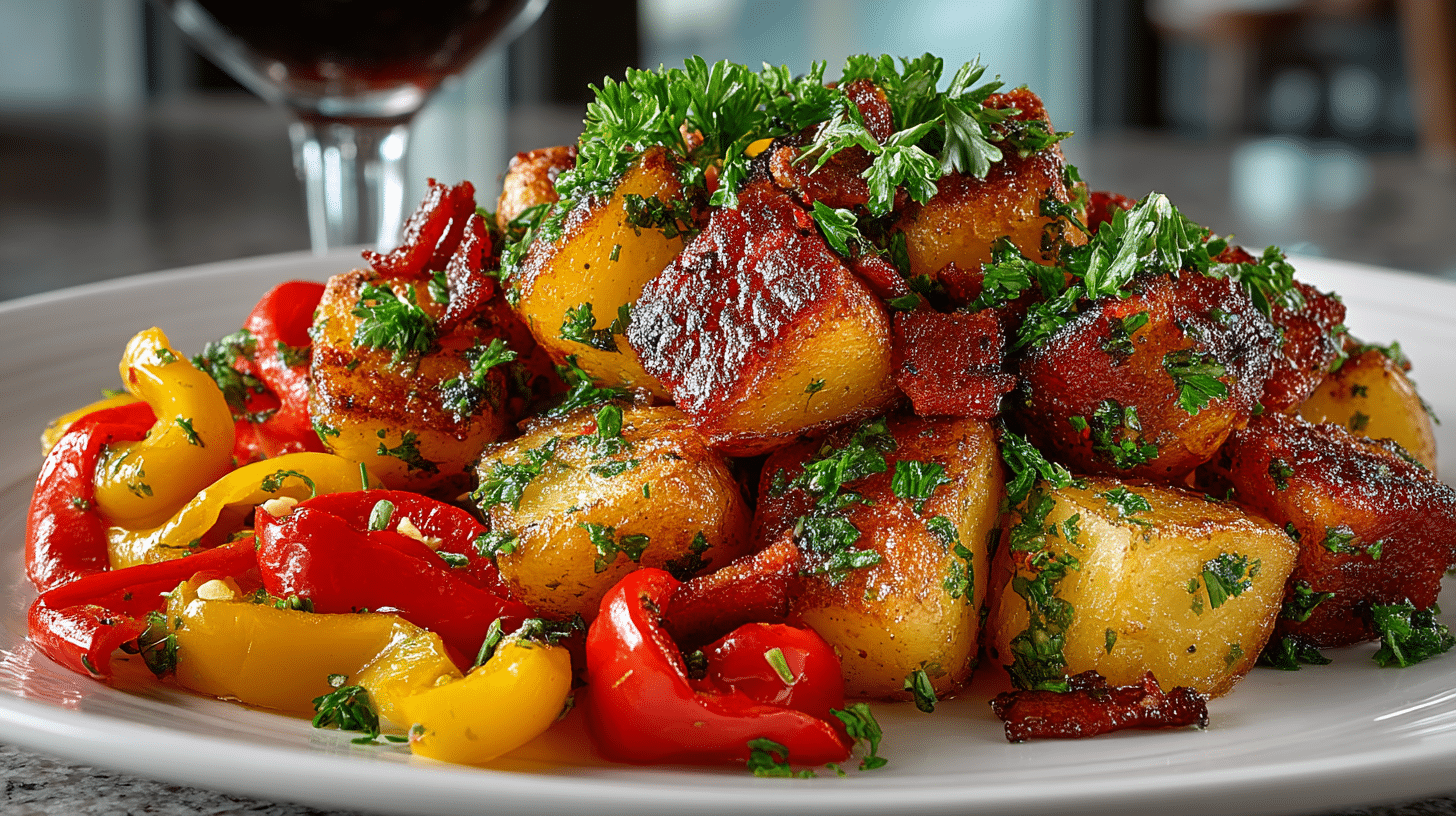 German-style Potatoes with Bacon, Brown Sugar, & Parsley, and grill cooked Tri-Color Peppers with Caper Vinaigrette, served with Cabernet Sauvignon