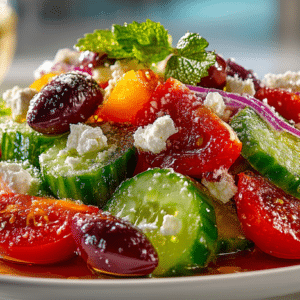 Greek Chopped Salad with fresh Tomato, Cucumber, Olives, & Capers, served with Sauvignon Blanc
