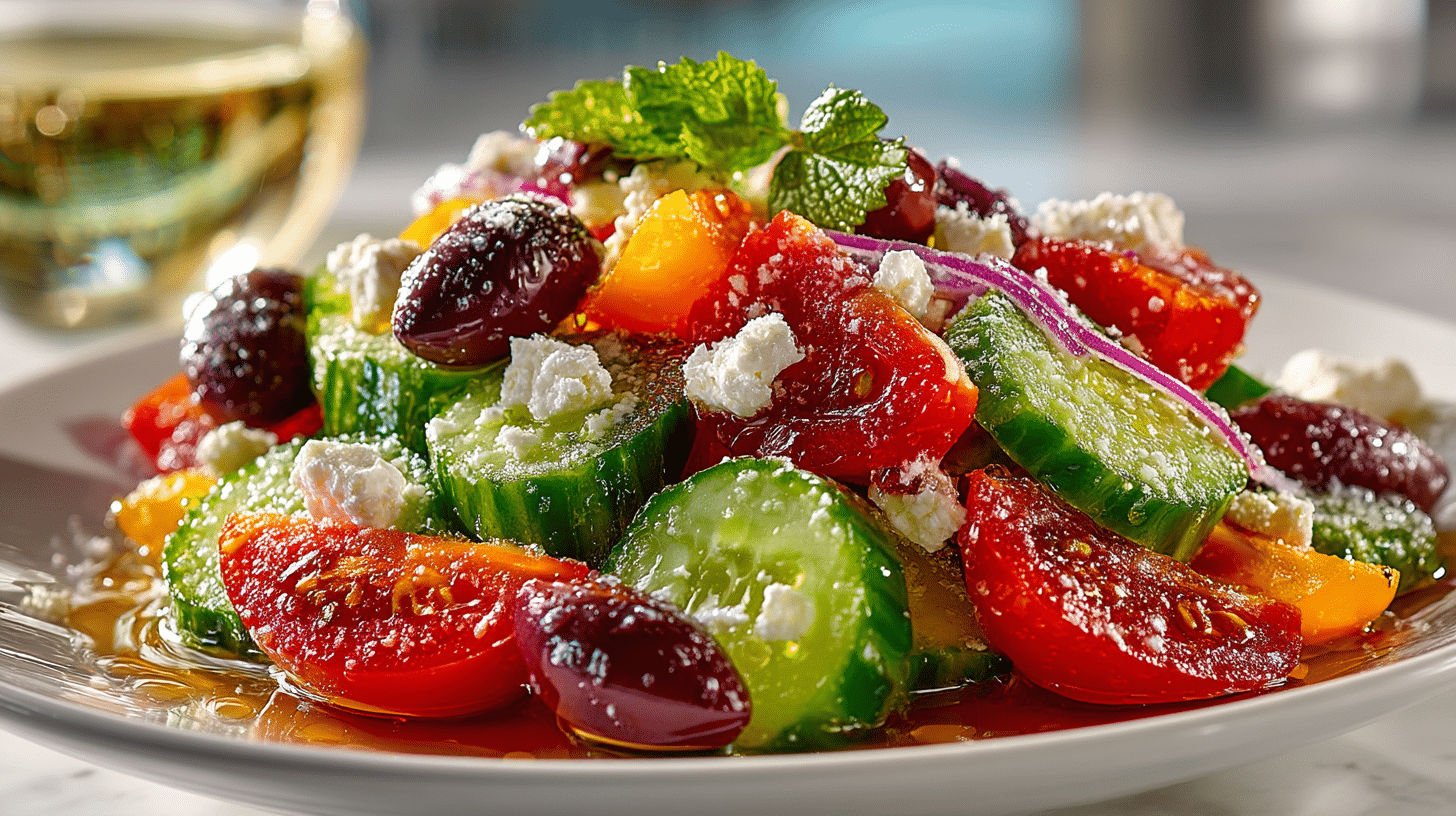 Greek Chopped Salad with fresh Tomato, Cucumber, Olives, & Capers, served with Sauvignon Blanc