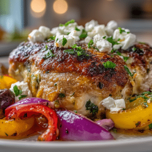 Greek sheet pan boneless Chicken Thighs with Vegetables, Feta Cheese and Kalamata Olives