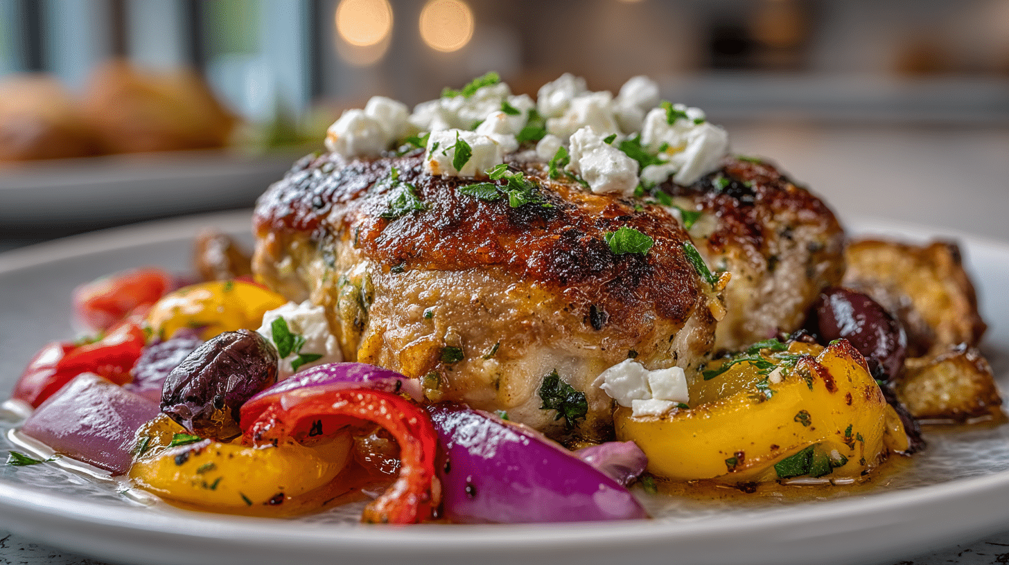Greek sheet pan boneless Chicken Thighs with Vegetables, Feta Cheese and Kalamata Olives