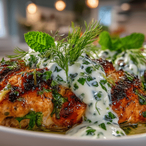 grilled Herb and Garlic Chicken with Lemon, fresh Parsley, Mint, with a hint of Sesame and Sumac, and Garlicky Yogurt