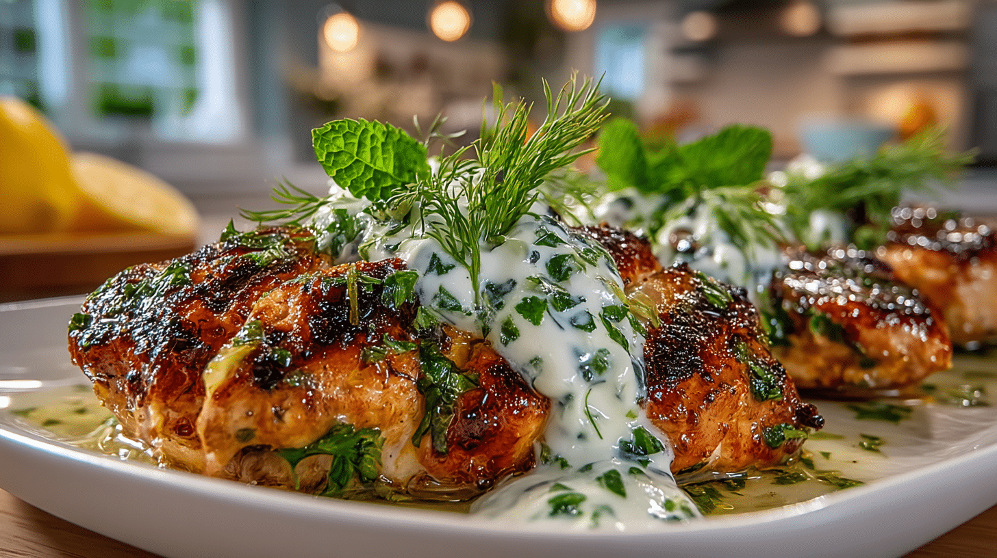 grilled Herb and Garlic Chicken with Lemon, fresh Parsley, Mint, with a hint of Sesame and Sumac, and Garlicky Yogurt