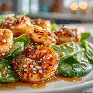 grilled Shrimp Salad on Baby Spinach with Lemon Garlic Dressing