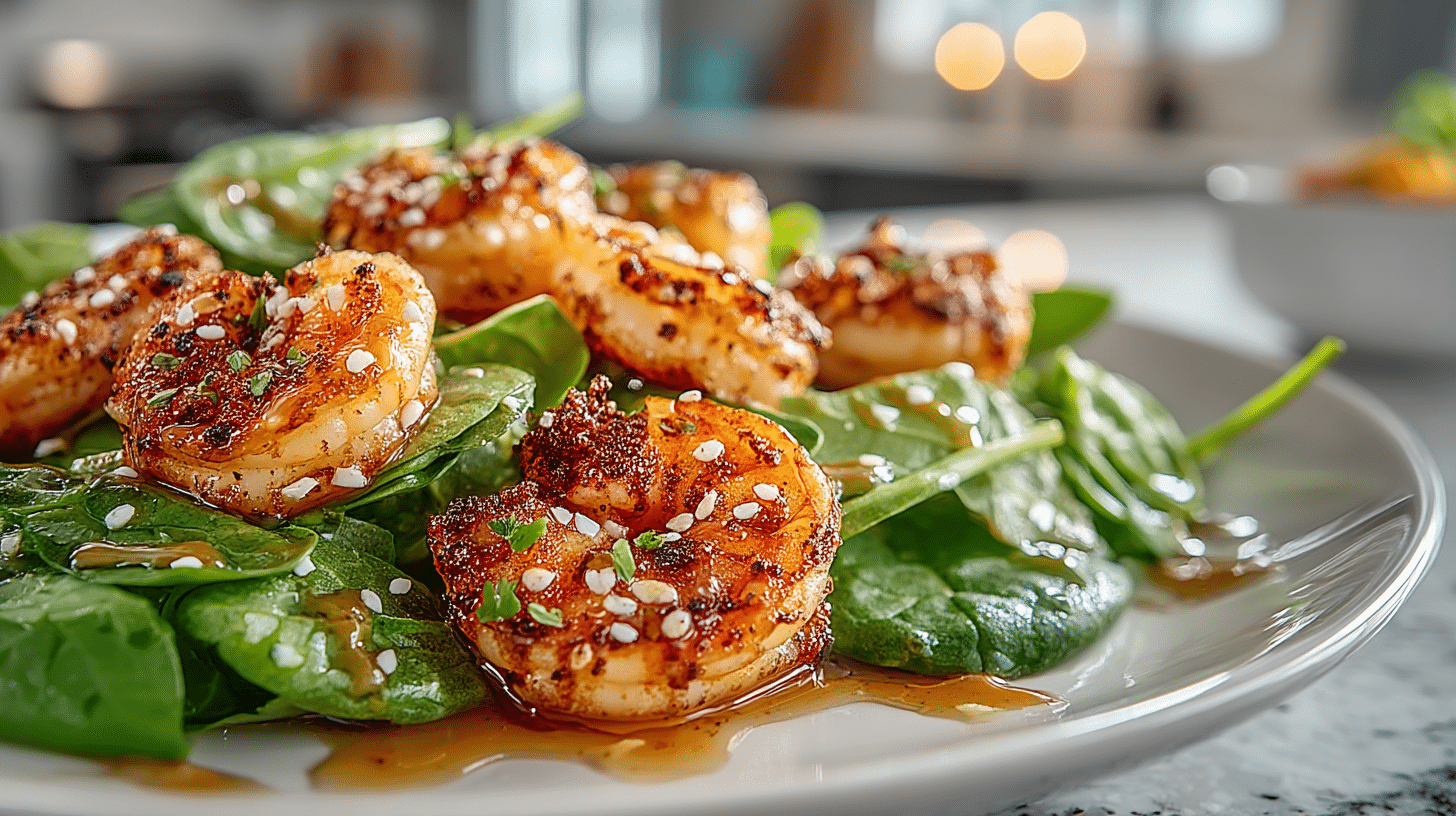grilled Shrimp Salad on Baby Spinach with Lemon Garlic Dressing