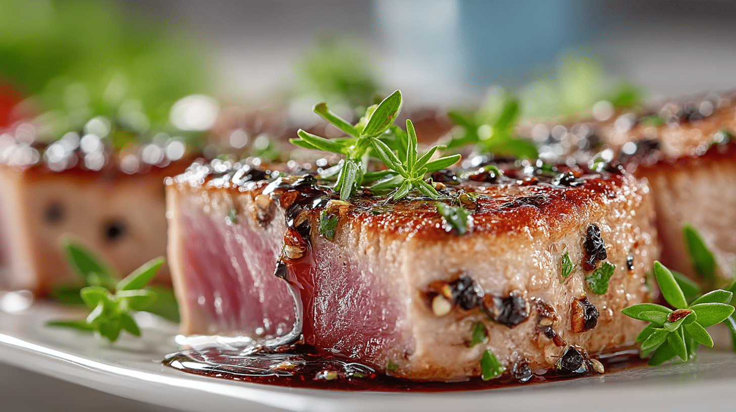 Grilled Tuna Steaks with Red Wine Vinegar and Mustard Vinaigrette