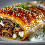 Ground Beef, Spinach Feta and Mushroom Strudel with Tzatziki Sauce