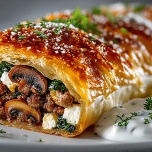 Ground Beef, Spinach Feta and Mushroom Strudel with Tzatziki Sauce