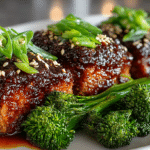 Korean mini-Meatloaves with Honey Gochujang Glaze, served with roasted Sesame Broccoli Spears