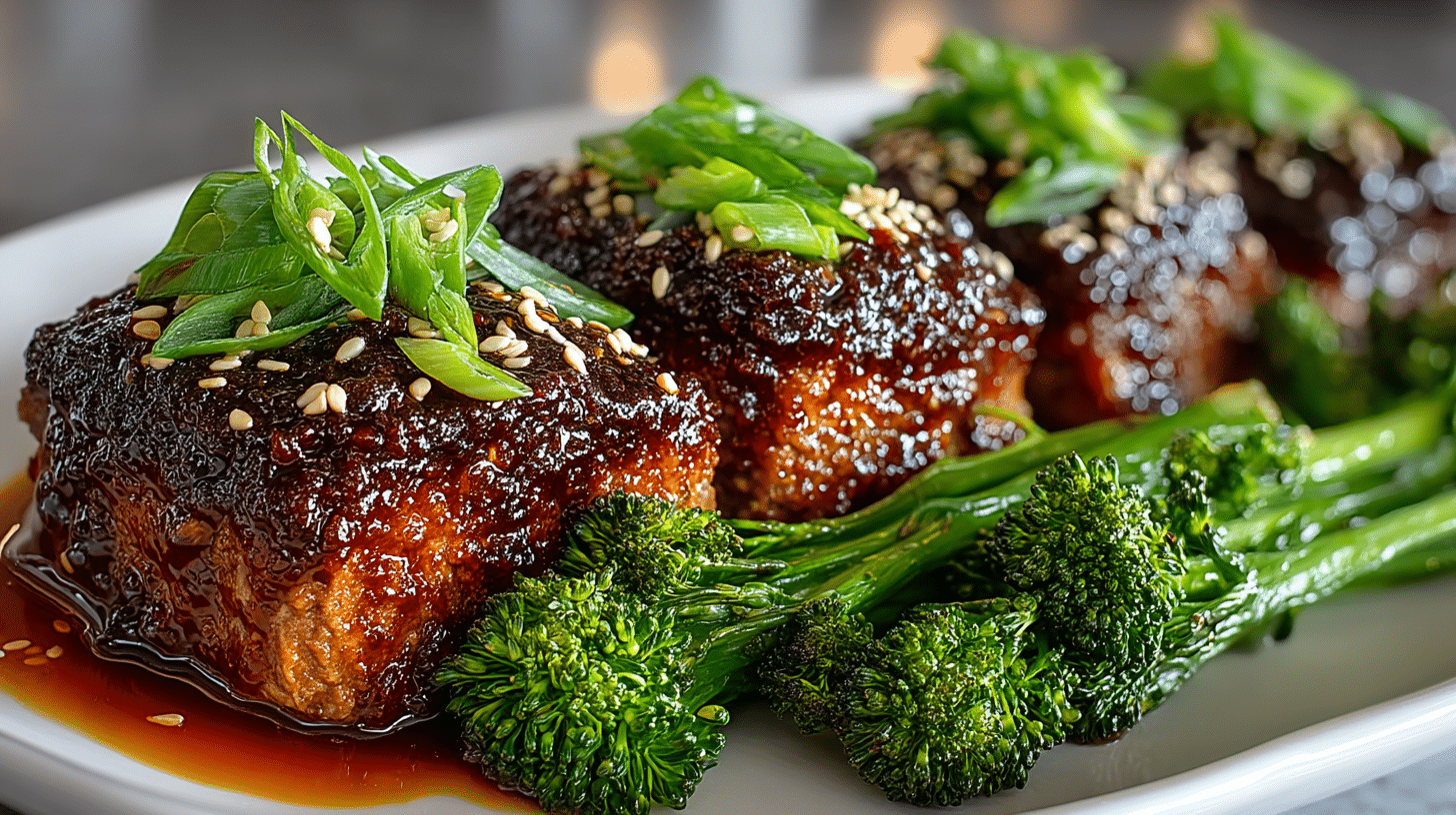 Korean mini-Meatloaves with Honey Gochujang Glaze, served with roasted Sesame Broccoli Spears