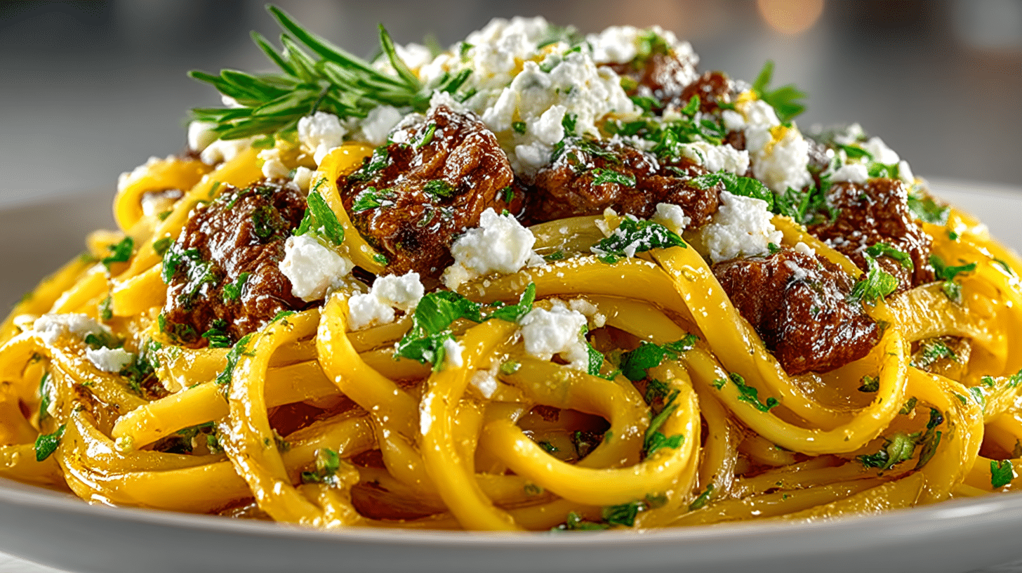 Linguine with Spiced Beef and Feta