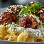 Meatballs over Whipped Homemade Ricotta Rigotoni