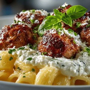 Meatballs over Whipped Homemade Ricotta Rigotoni