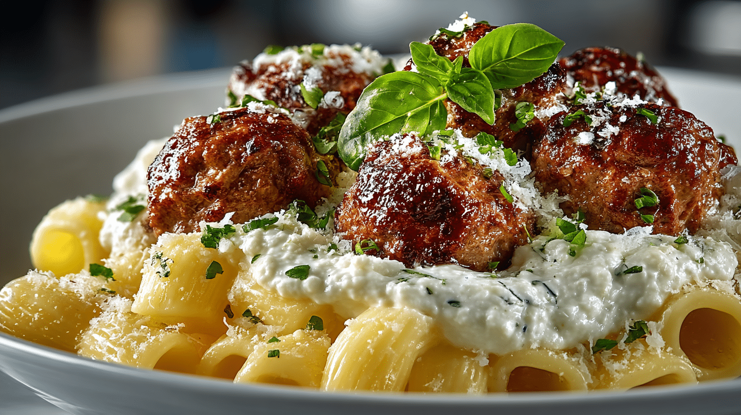 Meatballs over Whipped Homemade Ricotta Rigotoni