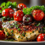 Mediterranean Chicken with Garlic, fresh Tomato, Olives, & Herbs