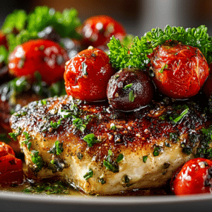 Mediterranean Chicken with Garlic, fresh Tomato, Olives, & Herbs