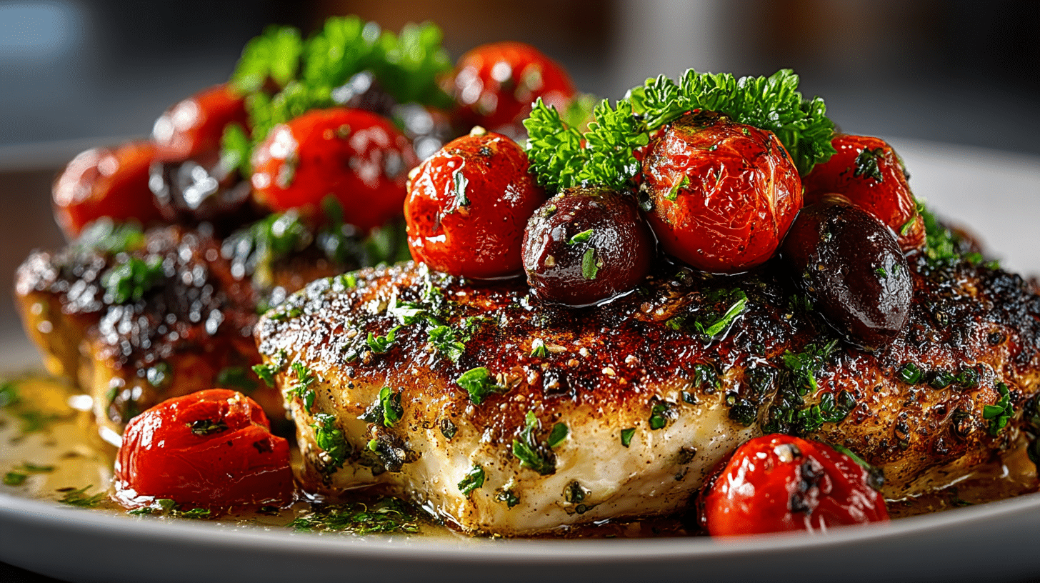 Mediterranean Chicken with Garlic, fresh Tomato, Olives, & Herbs