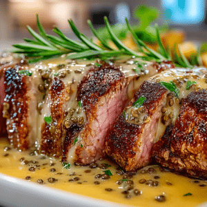 Perfect cast iron New York Steak with Brandy-Green Peppercorn Sauce