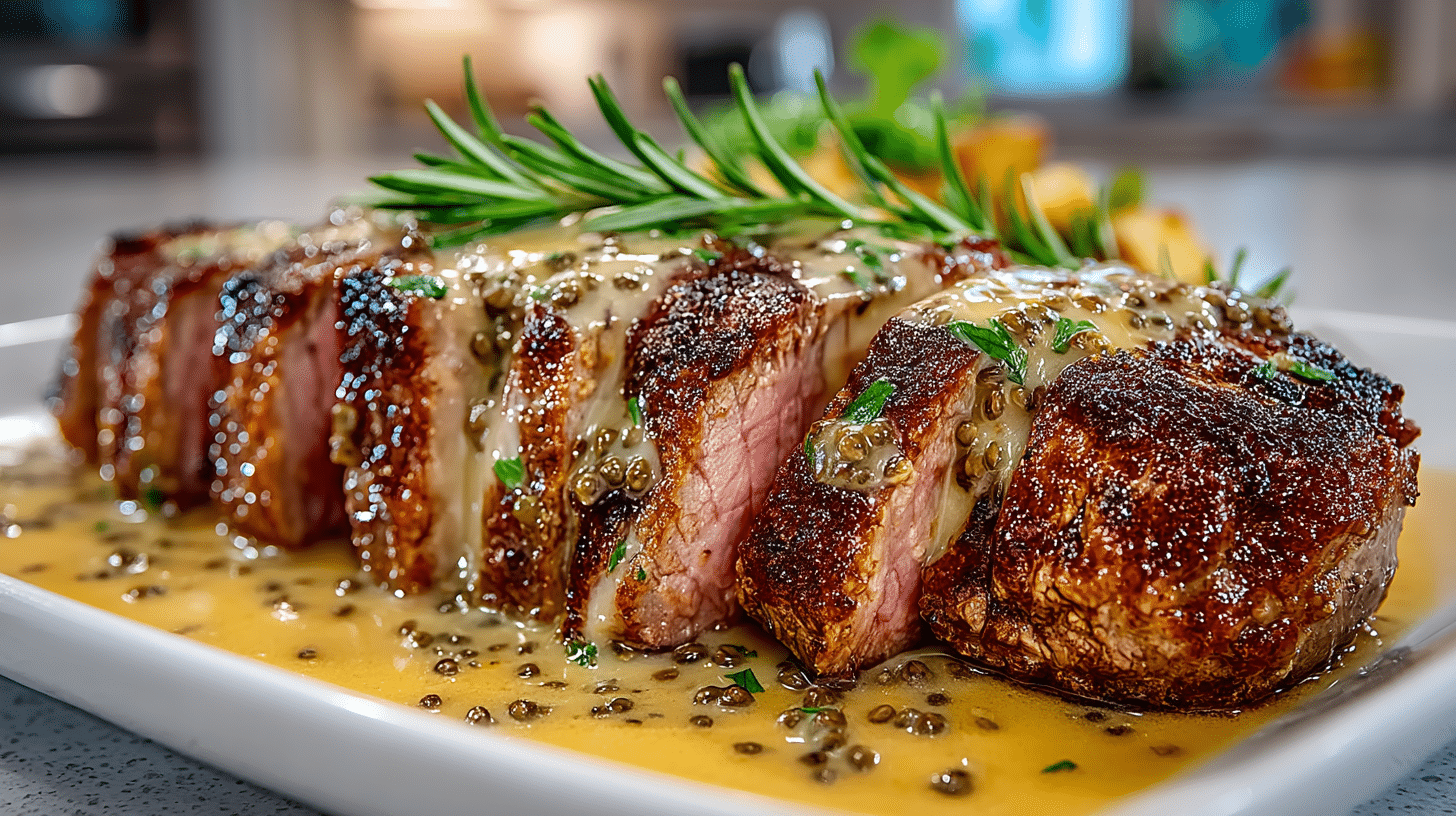 Perfect cast iron New York Steak with Brandy-Green Peppercorn Sauce