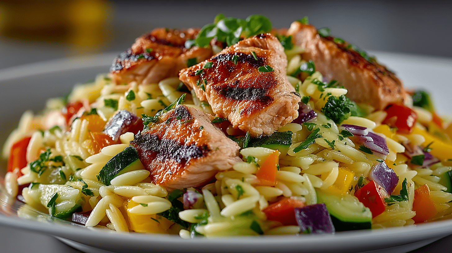 Orzo Vegetable Salad with Chicken using the produce we chopped