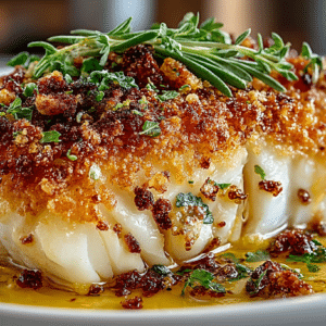 oven roasted Cod with Olive-Rosemary Breadcrumbs & Saffron-Butter Sauce