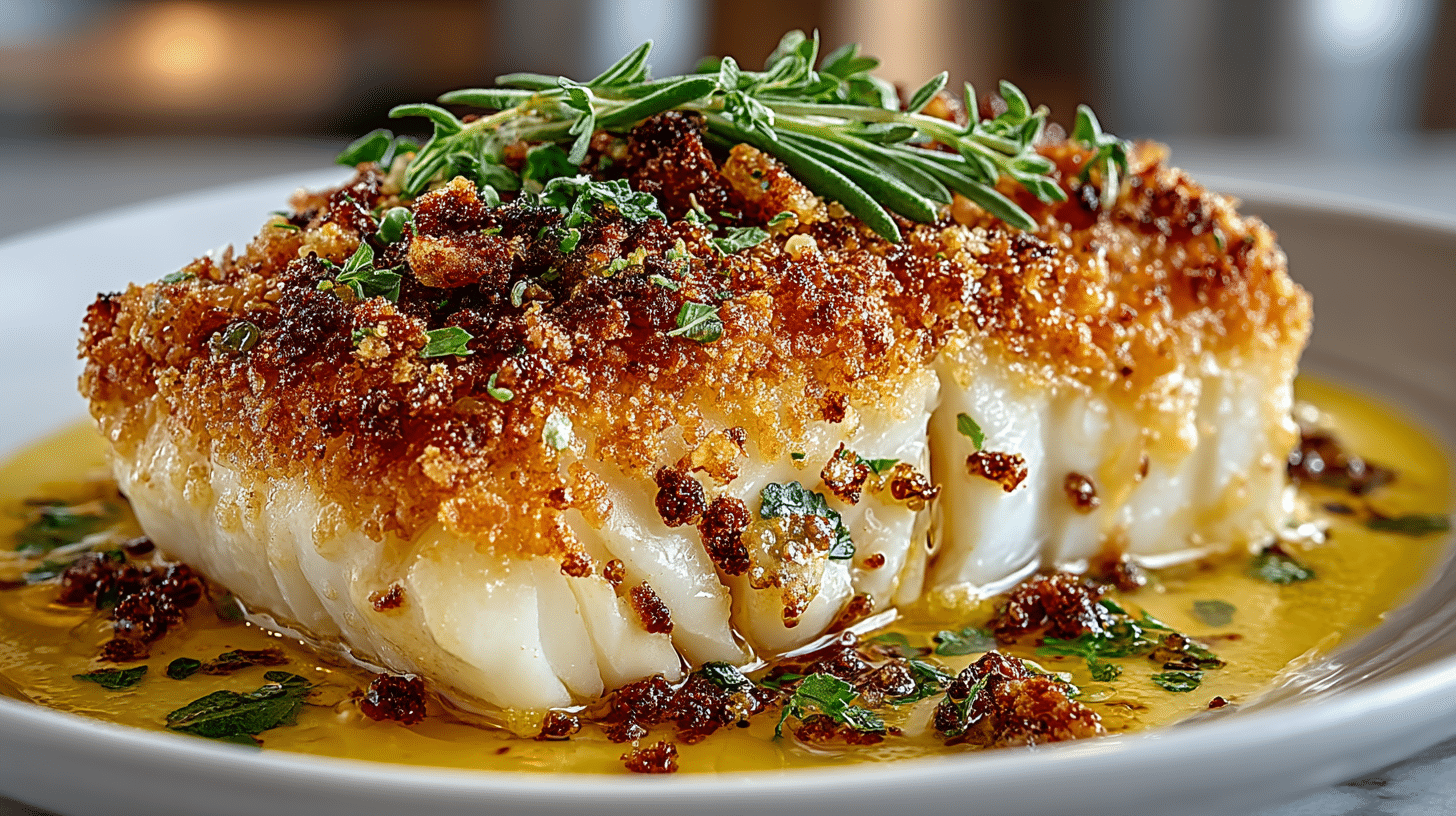 oven roasted Cod with Olive-Rosemary Breadcrumbs & Saffron-Butter Sauce