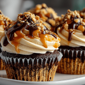 ; Peanut Caramel-Filled Snickers Cupcakes with Peanut Buttercream