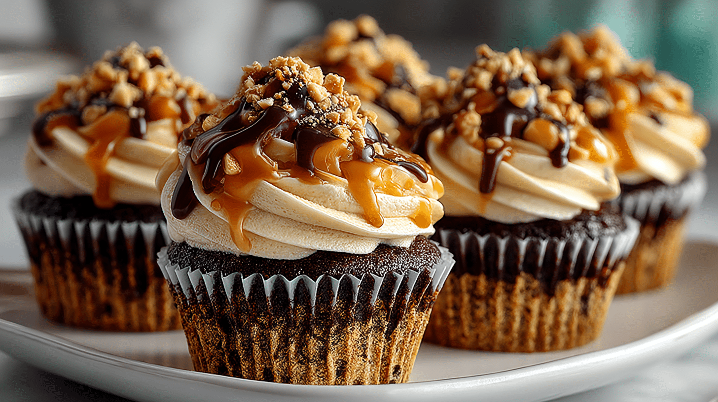 ; Peanut Caramel-Filled Snickers Cupcakes with Peanut Buttercream