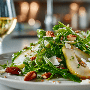 Pear Salad with Baby Arugula & Shallot Vinaigrette, served with Chardonnay