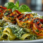 Pesto Shrimp Skewers over Fettuccine