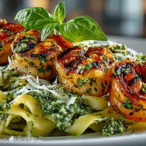 Pesto Shrimp Skewers over Fettuccine