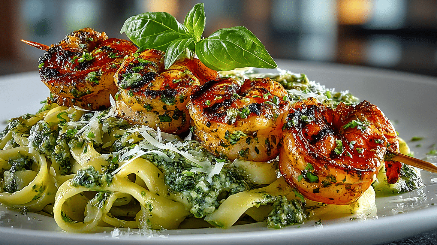 Pesto Shrimp Skewers over Fettuccine