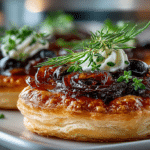 Pissaladière Tartlets (flaky Puff pastry rounds topped with Caramelized Onions, Olives, and Thyme)