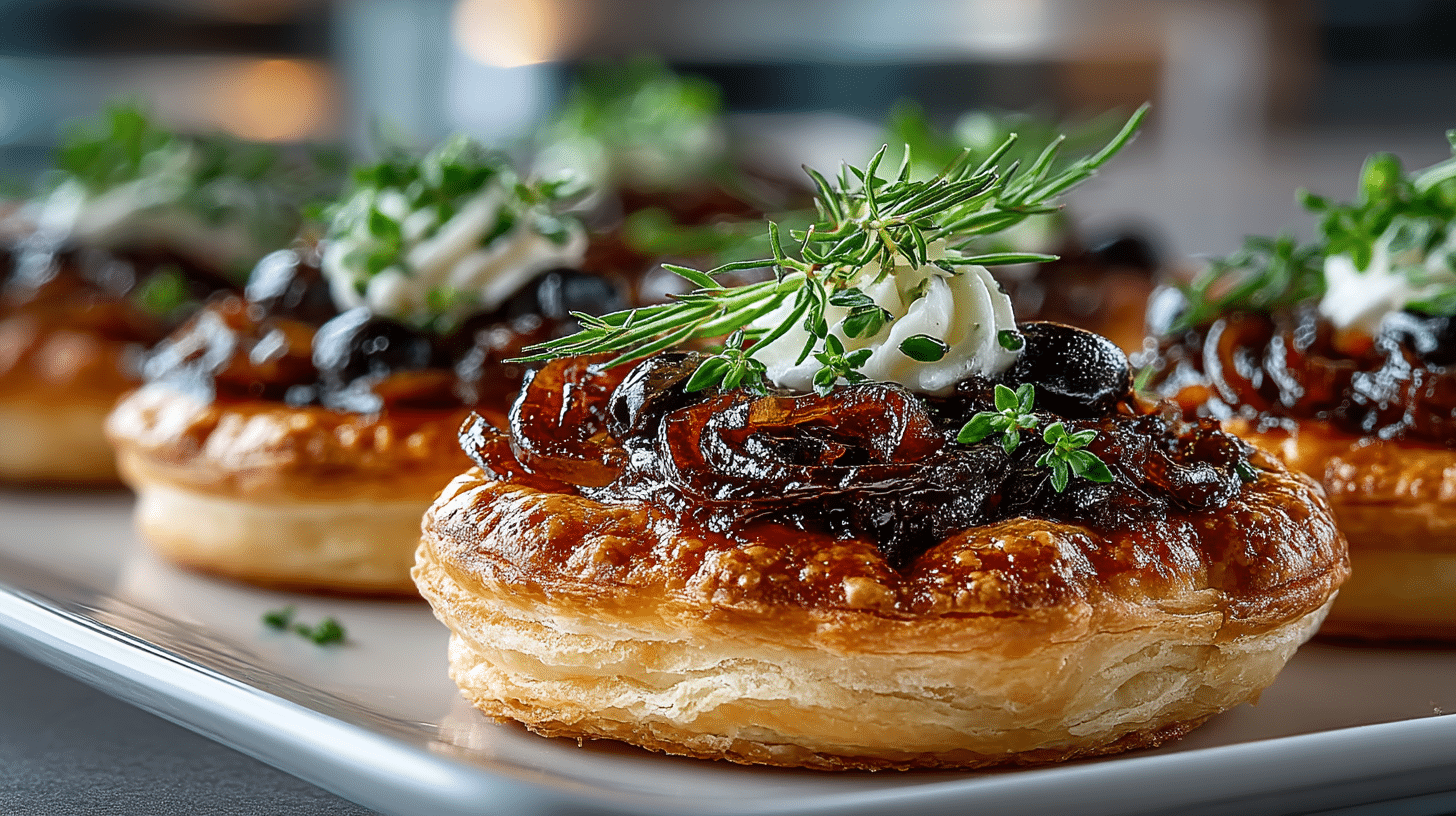 Pissaladière Tartlets (flaky Puff pastry rounds topped with Caramelized Onions, Olives, and Thyme)