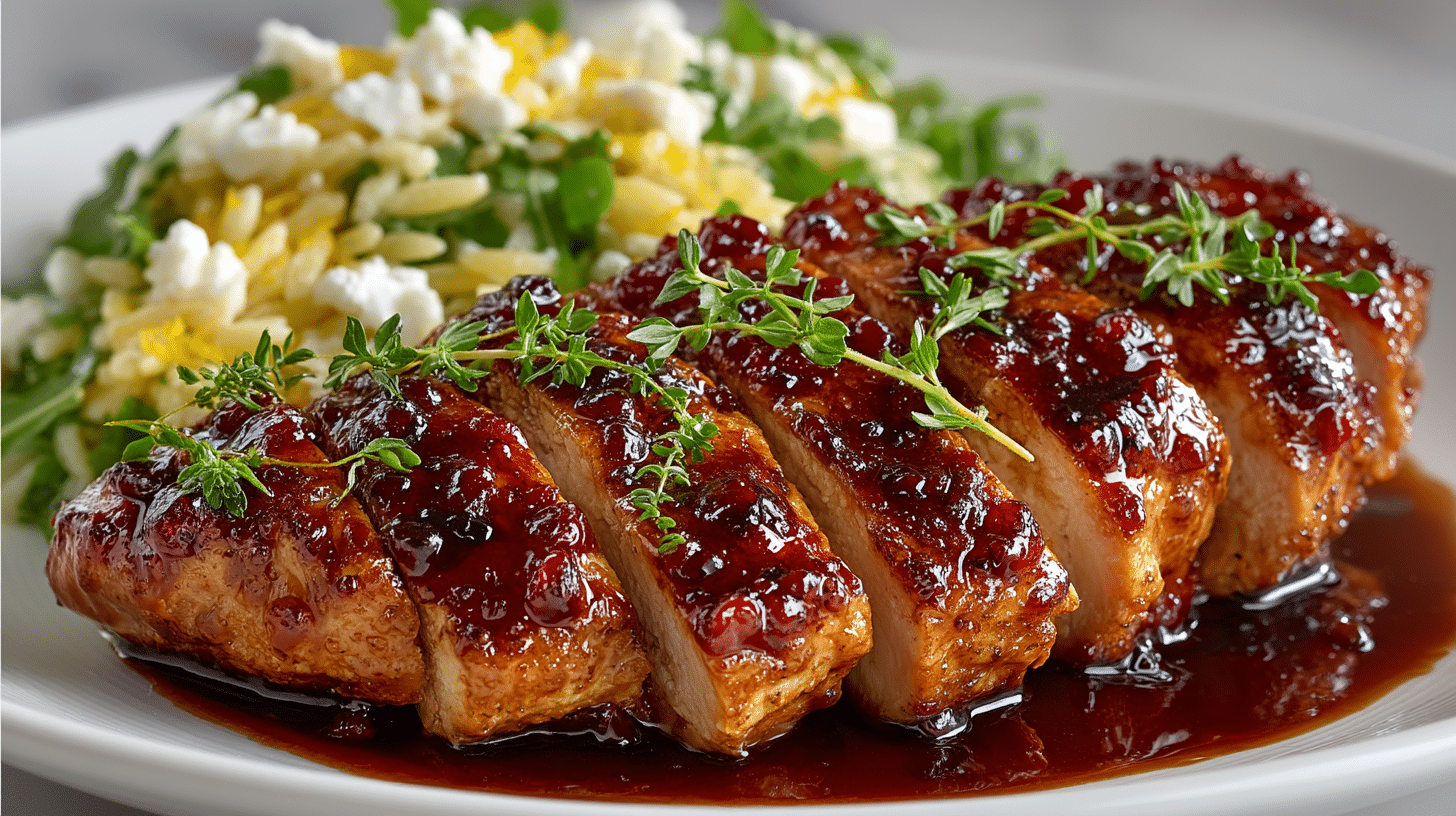 Raspberry-Balsamic glazed Chicken served with Lemony Orzo Salad