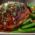 roasted Crispy Skin Chicken with Cognac Pan Gravy; sautéed fresh Green Beans with Butter Toasted Almonds