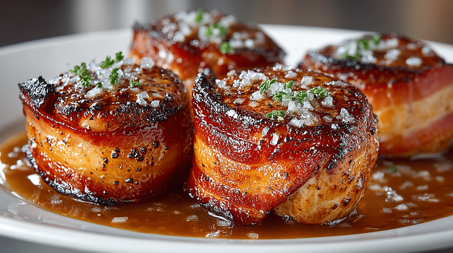 sautéed Bacon wrapped Pork Medallions with Apple Cider Pan Sauce