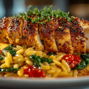 Chicken with Orzo (Sautéed Chicken seasoned with Oregano and Red Pepper Flakes over toasted Orzo cooked in a Garlic Tomato Basil Sauce)