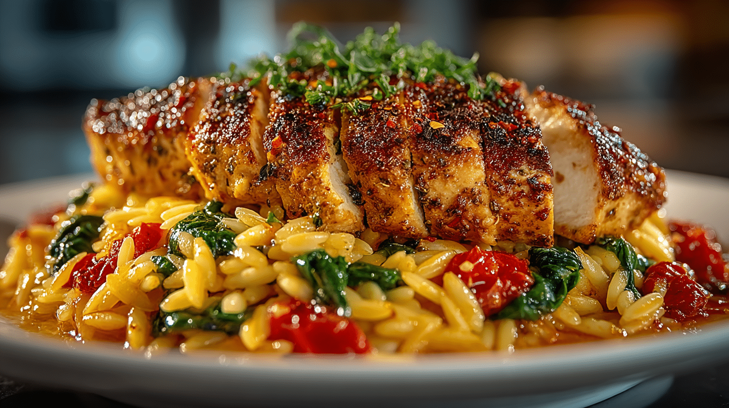 Chicken with Orzo (Sautéed Chicken seasoned with Oregano and Red Pepper Flakes over toasted Orzo cooked in a Garlic Tomato Basil Sauce)